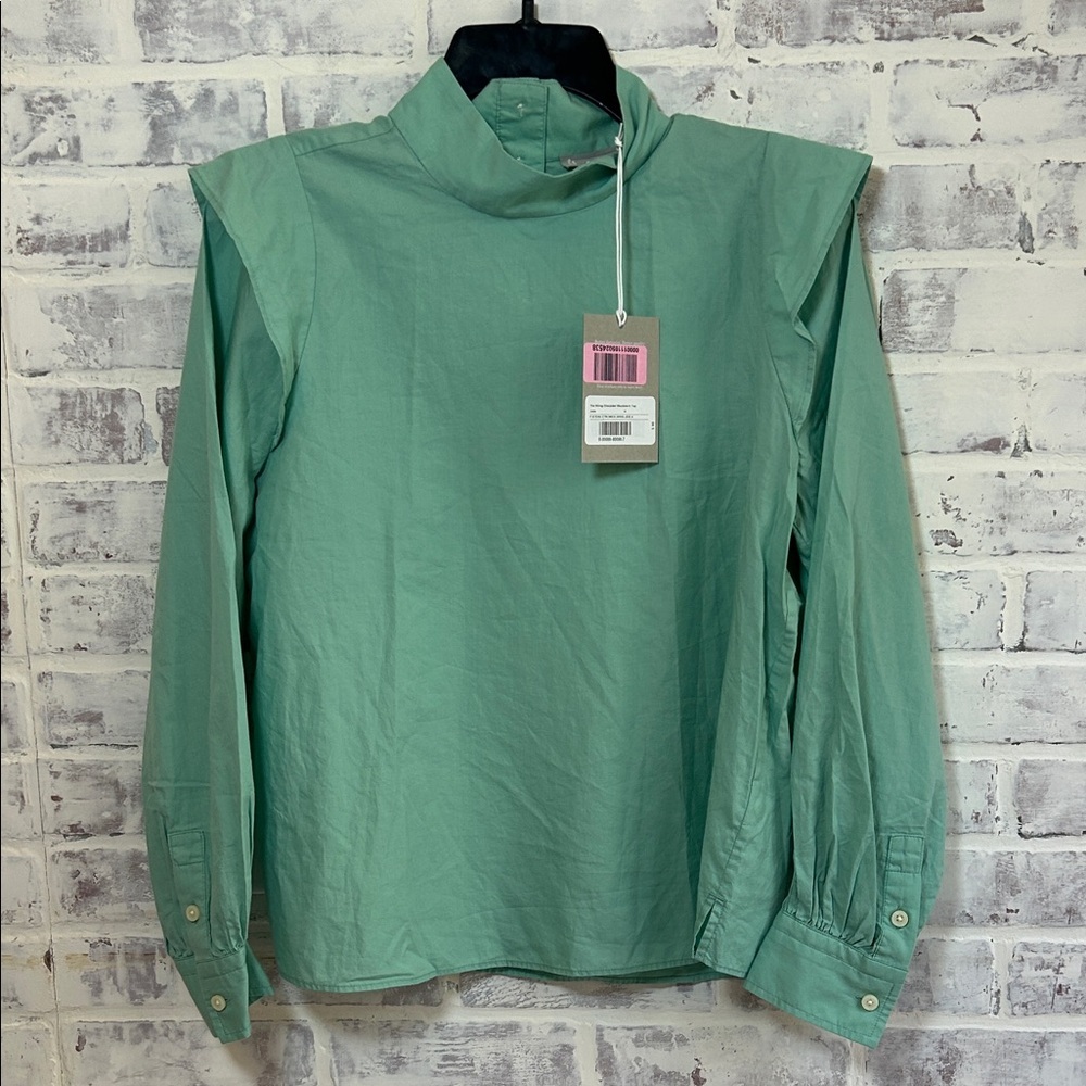 NEW Everlane Women's 4 Blouse The Wing Mock Neck L/S Top Green Career Cotton